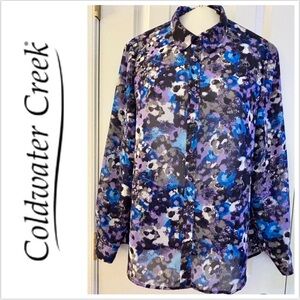 Coldwater Creek, sz L 14, button-down shirt, blouse, Blue/Purple polyester, EUC